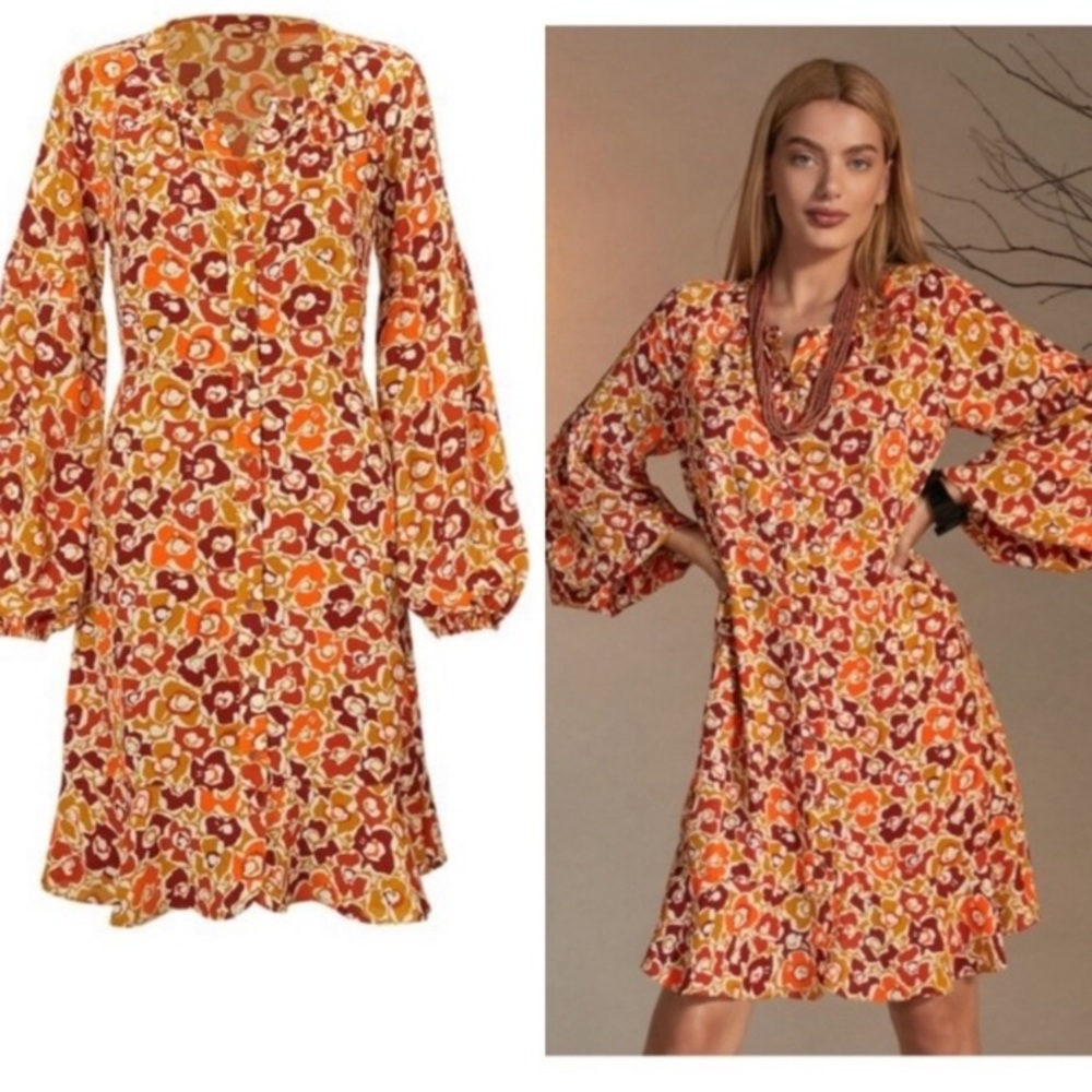 CAbi 4238 Daydream A-Line Dress Orange
Yellow Print Bishop Sleeves Button Large - Picture 2 of 16